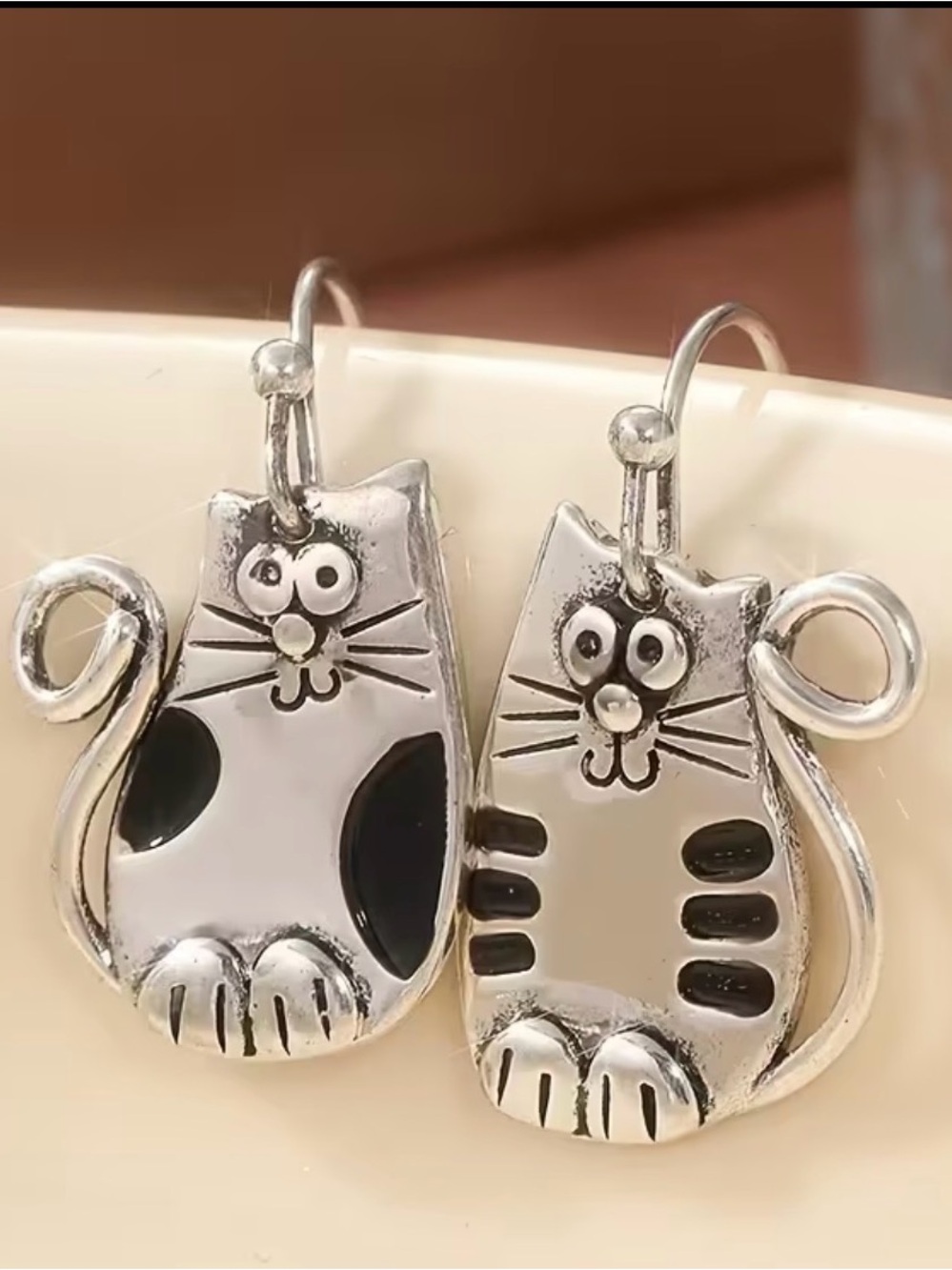 Silver-tone Black Accent Cat Dangle Earrings - Cute Cat Design